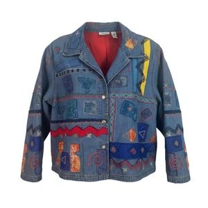 Chico's Design Denim Jacket Womens XL Blue Embroidered Abstract Art Patchwork